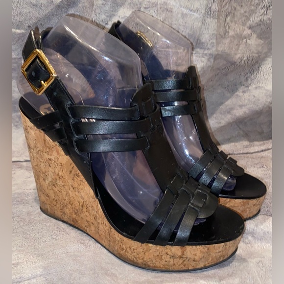 WORN 2x Tory Burch Leslie Gladiator Cork Wedges Heeled Shoes Sandals Heels 7.5 - Picture 1 of 9